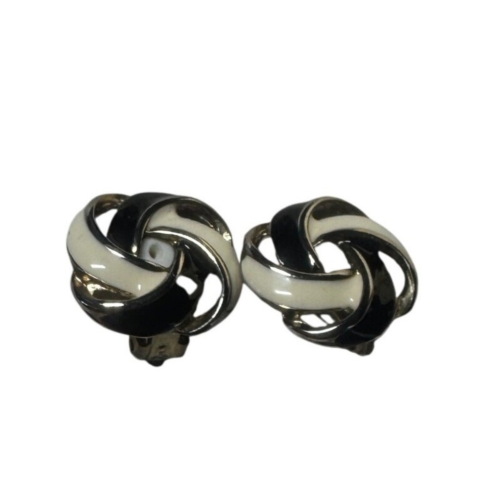 Vintage Black Cream Enamel Love Knot Clip On Earrings Silver Tone 1 Inch